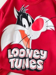 LOONEY TUNES X SHEIN 1件兒童青少年男孩休閒運動街頭風酷炫百搭紅色卡通圖案圓領寬鬆長袖衛衣，適合日常穿著、秋冬室內、運動、攝影、節慶、生日、聖誕節 - 紅色 - 查看 4