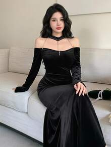 Feyla Women's Elegant Rhinestone Chain Sexy Cold Shoulder Dress - Black - View 1