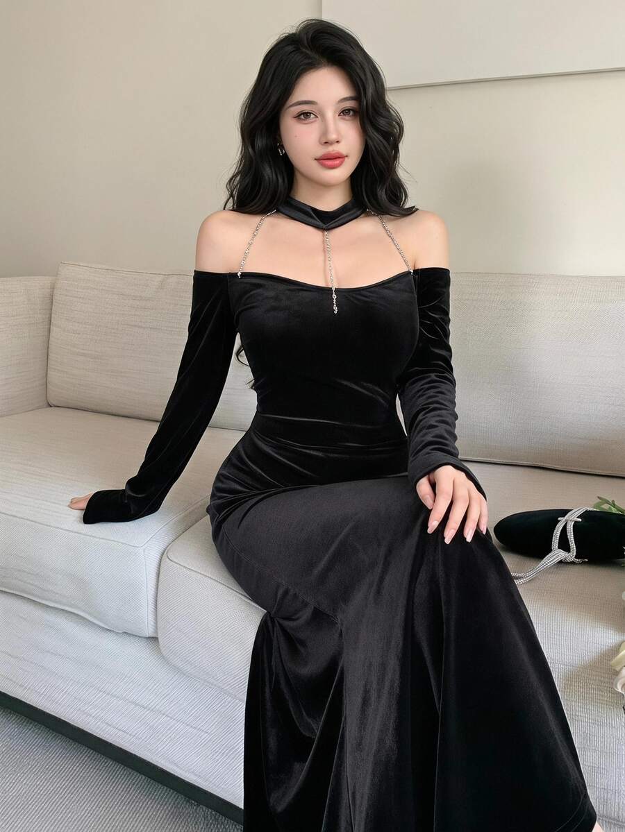 Feyla Women's Elegant Rhinestone Chain Sexy Cold Shoulder Dress - Black - View 1
