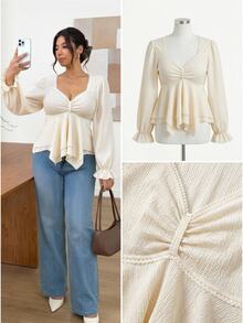 SHEIN Frenchy Plus Size Women's Solid Color Sweetheart Neck Long Sleeve Ruffle Hem Fashion T-Shirt Fall - Apricot - View 1
