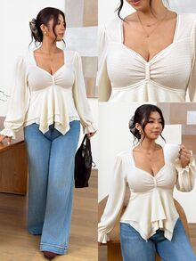 SHEIN Frenchy Plus Size Women's Solid Color Sweetheart Neck Long Sleeve Ruffle Hem Fashion T-Shirt Fall - Apricot - View 2