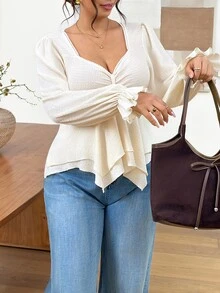 SHEIN Frenchy Plus Size Women's Solid Color Sweetheart Neck Long Sleeve Ruffle Hem Fashion T-Shirt Fall - Apricot - View 5