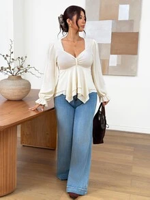 SHEIN Frenchy Plus Size Women's Solid Color Sweetheart Neck Long Sleeve Ruffle Hem Fashion T-Shirt Fall - Apricot - View 6
