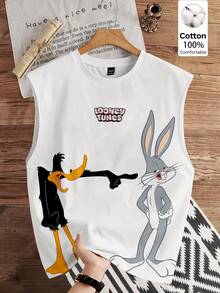 LOONEY TUNES X SHEIN Daypath 男士卡通印花圓領寬肩背心 白色休閒度假街頭風 - 彩色 - 查看 1