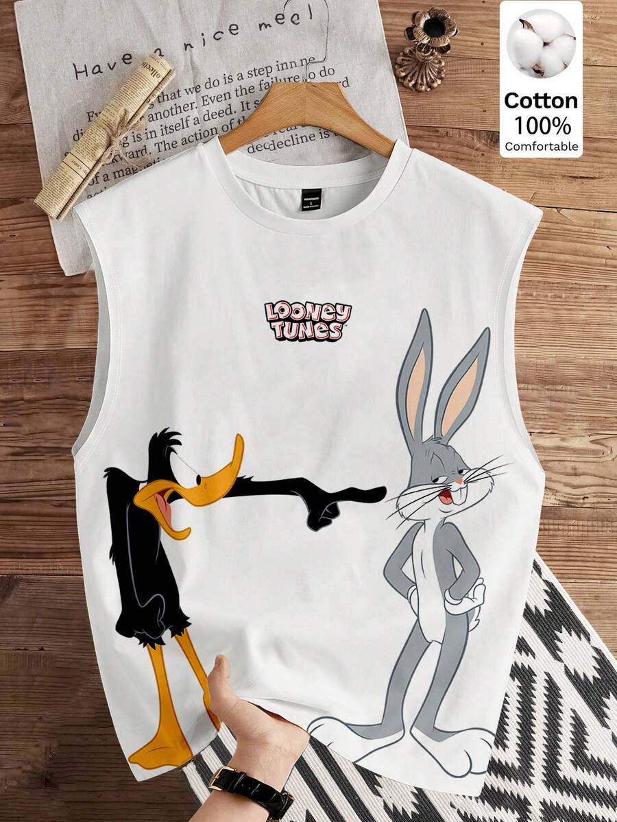 LOONEY TUNES X SHEIN Daypath 男士卡通印花圓領寬肩背心 白色休閒度假街頭風 - 彩色 - 查看 1