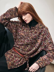 SHEIN Women Sweater Tops Loose Drop Shoulder Knit Texture V Neck Polo Side Slit Modern Red Yellow Black Mixed Weave Fall Clothes Long Sleeve Thanksgiving - Multicolor - View 4