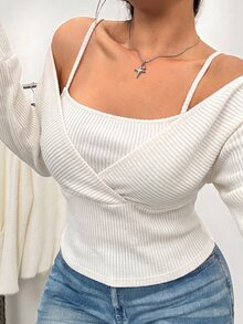 GalTyme 大尺碼女款保暖舒適黑色露肩針織T恤，秋冬季穿著 - 米色 - 查看 4