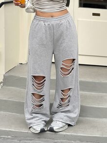 Muchica Plus Size Women Plain Grey Ripped Design Sweatpants,Plus Size Casual Elastic Waist Grunge Pants For Rave,Autumn,Daily Commute,Party,Y2k,Sports Style - Light Grey - View 4
