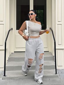 Muchica Plus Size Women Plain Grey Ripped Design Sweatpants,Plus Size Casual Elastic Waist Grunge Pants For Rave,Autumn,Daily Commute,Party,Y2k,Sports Style - Light Grey - View 5