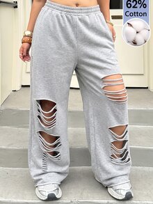 Muchica Plus Size Women Plain Grey Ripped Design Sweatpants,Plus Size Casual Elastic Waist Grunge Pants For Rave,Autumn,Daily Commute,Party,Y2k,Sports Style - Light Grey - View 3