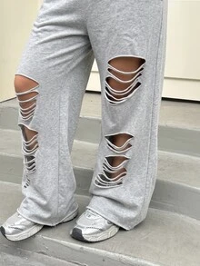 Muchica Plus Size Women Plain Grey Ripped Design Sweatpants,Plus Size Casual Elastic Waist Grunge Pants For Rave,Autumn,Daily Commute,Party,Y2k,Sports Style - Light Grey - View 6