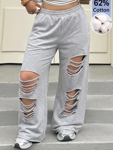 Muchica Plus Size Women Plain Grey Ripped Design Sweatpants,Plus Size Casual Elastic Waist Grunge Pants For Rave,Autumn,Daily Commute,Party,Y2k,Sports Style - Light Grey - View 1
