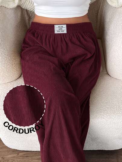 Solflare New Fall/Winter Plus Size Black Letter Print Corduroy Wide-Leg Loose Pants With Pockets For Outings, School, Dates, Home, Casual & Work