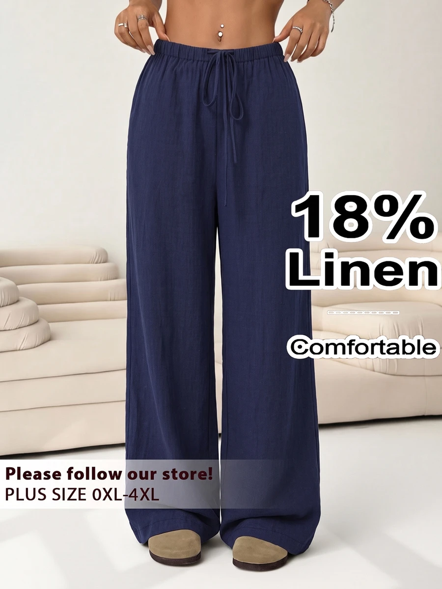 Solflare Plus Size Solid Color Casual Capsule Elegant Soft Form Knotted Wide Leg Pants, Linen Business Woman Autumn Vacation Office Travel Formal Black Fall - Navy Blue - View 1