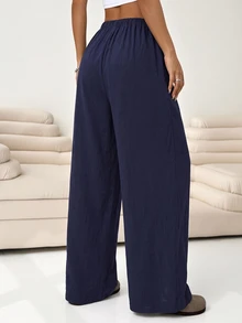 Solflare Plus Size Solid Color Casual Capsule Elegant Soft Form Knotted Wide Leg Pants, Linen Business Woman Autumn Vacation Office Travel Formal Black Fall - Navy Blue - View 2