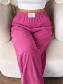 SHEIN EZwear 大尺碼女款燈芯絨高腰寬鬆寬腿褲，附口袋拼接設計，校園休閒街頭風，寬鬆秋季正式紫色居家派對褲 - 玫紅色 - 查看 3
