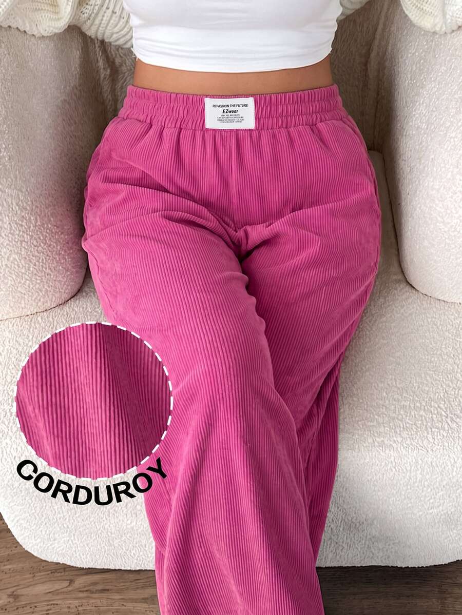 SHEIN EZwear 大尺碼女款燈芯絨高腰寬鬆寬腿褲,附口袋拼接設計,校園休閒街頭風,寬鬆秋季正式紫色居家派對褲 - 玫紅色 - 查看 1