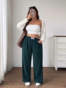 SHEIN EZwear 大尺碼女款燈芯絨高腰寬鬆寬腿褲，附口袋拼接設計，適合學校、休閒街頭穿搭，寬鬆秋季正式黑色 - 水鴨藍 - 查看 3
