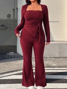 Muchica Plus Size Women Solid Color Square Neck Pleated Long Sleeve Top And Flare Pants Casual Daily 2 Pieces Set Fall - Burgundy - View 4