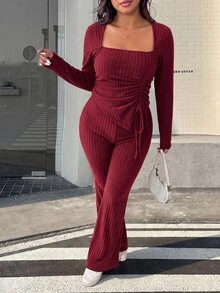 Muchica Plus Size Women Solid Color Square Neck Pleated Long Sleeve Top And Flare Pants Casual Daily 2 Pieces Set Fall - Burgundy - View 3