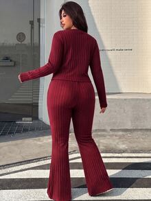 Muchica Plus Size Women Solid Color Square Neck Pleated Long Sleeve Top And Flare Pants Casual Daily 2 Pieces Set Fall - Burgundy - View 2
