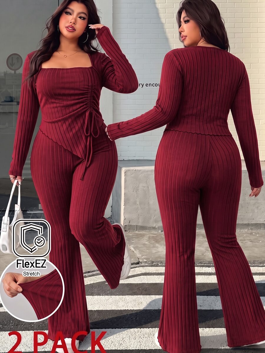 Muchica Plus Size Women Solid Color Square Neck Pleated Long Sleeve Top And Flare Pants Casual Daily 2 Pieces Set Fall - Burgundy - View 1