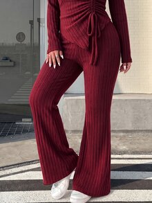 Muchica Plus Size Women Solid Color Square Neck Pleated Long Sleeve Top And Flare Pants Casual Daily 2 Pieces Set Fall - Burgundy - View 6