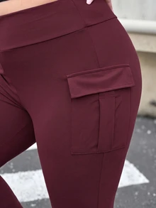Muchica Women Plus-Size Knitted Elastic Solid Color Flare Pants With Pocket Fall - Burgundy - View 6