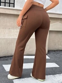 Muchica Women Plus-Size Knitted Elastic Solid Color Flare Pants With Pocket Fall - Coffee Brown - View 2