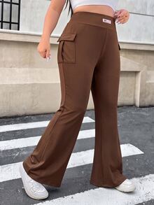 Muchica Women Plus-Size Knitted Elastic Solid Color Flare Pants With Pocket Fall - Coffee Brown - View 1