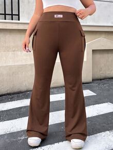Muchica Women Plus-Size Knitted Elastic Solid Color Flare Pants With Pocket Fall - Coffee Brown - View 4