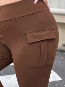 Muchica Women Plus-Size Knitted Elastic Solid Color Flare Pants With Pocket Fall - Coffee Brown - View 3