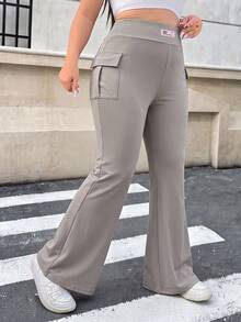 Muchica Women Plus-Size Knitted Elastic Solid Color Flare Pants With Pocket Fall - Khaki - View 1