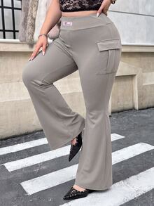 Muchica Women Plus-Size Knitted Elastic Solid Color Flare Pants With Pocket Fall - Khaki - View 5