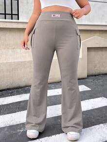Muchica Women Plus-Size Knitted Elastic Solid Color Flare Pants With Pocket Fall - Khaki - View 6