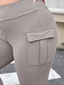 Muchica Women Plus-Size Knitted Elastic Solid Color Flare Pants With Pocket Fall - Khaki - View 3