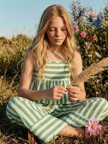 Joliand 青少年女孩時尚優雅編織條紋細肩帶背心套裝 - 綠色 - 查看 6