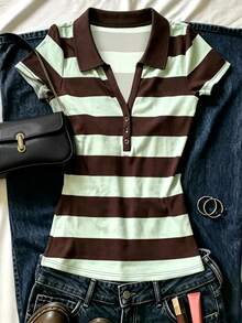 INAWLY Vintage Casual Coffee Green Wide Stripe Polo Short Sleeve T-Shirt, Plus Size Turn-Down Collar Half-Button Slim Fit Flattering Short Top, Commute Campus Daily Versatile For Plus Size - Multicolor - View 6