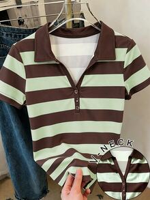 INAWLY Vintage Casual Coffee Green Wide Stripe Polo Short Sleeve T-Shirt, Plus Size Turn-Down Collar Half-Button Slim Fit Flattering Short Top, Commute Campus Daily Versatile For Plus Size - Multicolor - View 3