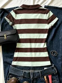 INAWLY Vintage Casual Coffee Green Wide Stripe Polo Short Sleeve T-Shirt, Plus Size Turn-Down Collar Half-Button Slim Fit Flattering Short Top, Commute Campus Daily Versatile For Plus Size - Multicolor - View 2