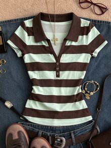 INAWLY Vintage Casual Coffee Green Wide Stripe Polo Short Sleeve T-Shirt, Plus Size Turn-Down Collar Half-Button Slim Fit Flattering Short Top, Commute Campus Daily Versatile For Plus Size - Multicolor - View 1