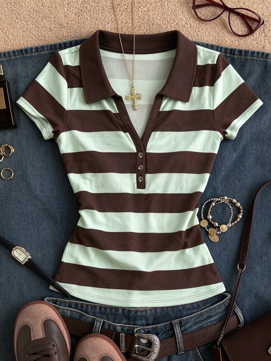 INAWLY Vintage Casual Coffee Green Wide Stripe Polo Short Sleeve T-Shirt, Plus Size Turn-Down Collar Half-Button Slim Fit Flattering Short Top, Commute Campus Daily Versatile For Plus Size - Multicolor - View 1