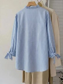 SHEIN CURVE+ 大尺碼女款嬰兒藍荷葉邊飾缺口領上衣 休閒熱帶風 優雅商務晚宴辦公正式教師節秋季 - 藍色 - 查看 3