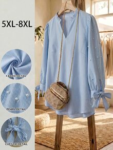 SHEIN CURVE+ 大尺碼女款嬰兒藍荷葉邊飾缺口領上衣 休閒熱帶風 優雅商務晚宴辦公正式教師節秋季 - 藍色 - 查看 6
