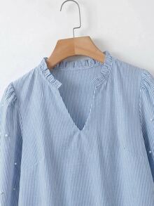 SHEIN CURVE+ 大尺碼女款嬰兒藍荷葉邊飾缺口領上衣 休閒熱帶風 優雅商務晚宴辦公正式教師節秋季 - 藍色 - 查看 5