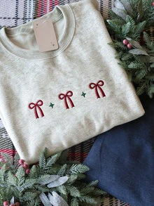 IslaSuriya Bow Embroidery Round Neck Drop Shoulder Long Sleeve Sweatshirt - Grey - View 3