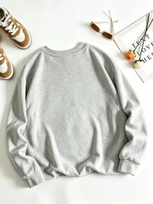 IslaSuriya Bow Embroidery Round Neck Drop Shoulder Long Sleeve Sweatshirt - Grey - View 2