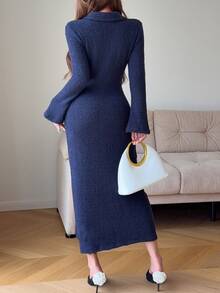 Feyla Women's Fall/ Winter Casual Elegant Solid Color Bodycon Dress Office Plush Knitted Fabric - Blue - View 6