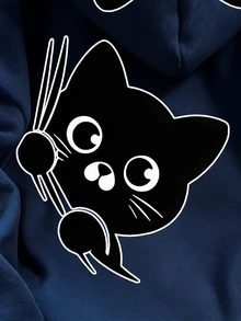 Fall Teen Girl Minimalist Fresh Black Cat Graphic Hooded Sweatshirt Top Chill, Kawaii, Cozy Fall & Winter Style - Navy Blue - View 4