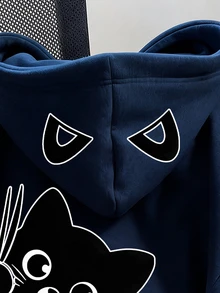 Fall Teen Girl Minimalist Fresh Black Cat Graphic Hooded Sweatshirt Top Chill, Kawaii, Cozy Fall & Winter Style - Navy Blue - View 3